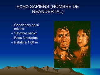 HOMO  SAPIENS (HOMBRE DE NEANDERTAL) Conciencia de sí mismo “ Hombre sabio” Ritos funerarios Estatura 1.60 m 