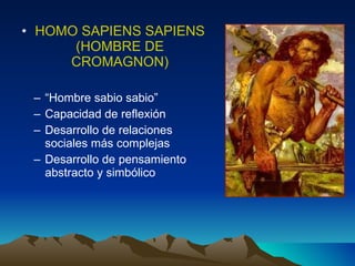 HOMO SAPIENS SAPIENS (HOMBRE DE CROMAGNON) “ Hombre sabio sabio” Capacidad de reflexión Desarrollo de relaciones sociales más complejas Desarrollo de pensamiento abstracto y simbólico 