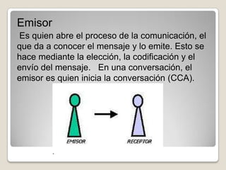 Emisor
Es quien abre el proceso de la comunicación, el
que da a conocer el mensaje y lo emite. Esto se
hace mediante la elección, la codificación y el
envío del mensaje. En una conversación, el
emisor es quien inicia la conversación (CCA).
 
