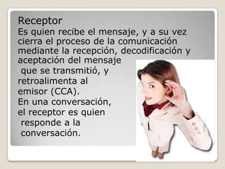 Receptor
Es quien recibe el mensaje, y a su vez
cierra el proceso de la comunicación
mediante la recepción, decodificación y
aceptación del mensaje
 que se transmitió, y
retroalimenta al
emisor (CCA).
En una conversación,
el receptor es quien
 responde a la
 conversación.
 