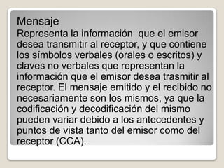 Mensaje
Representa la información que el emisor
desea transmitir al receptor, y que contiene
los símbolos verbales (orales o escritos) y
claves no verbales que representan la
información que el emisor desea trasmitir al
receptor. El mensaje emitido y el recibido no
necesariamente son los mismos, ya que la
codificación y decodificación del mismo
pueden variar debido a los antecedentes y
puntos de vista tanto del emisor como del
receptor (CCA).
 