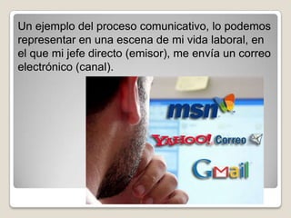 Un ejemplo del proceso comunicativo, lo podemos
representar en una escena de mi vida laboral, en
el que mi jefe directo (emisor), me envía un correo
electrónico (canal).
 