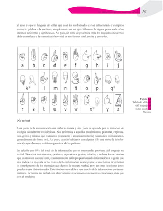 19
EL PROCESO DE LA COMUNICACIÓN
el caso es que el lenguaje de señas que usan los sordomudos es tan estructurado y complejo
como la palabra o la escritura, simplemente usa un tipo diferente de signos pero atañe a los
mismos referentes y significados. Así pues, un tema de polémica entre los lingüistas modernos
debe considerar a la comunicación verbal en sus formas oral, escrita y por señas.
No verbal
Una parte de la comunicación no verbal es innata y otra parte se aprende por la imitación de
códigos socialmente establecidos. Nos referimos a aquellos movimientos, posturas, expresio-
nes, gestos y miradas que realizamos (consciente o inconscientemente) cuando nos comunicamos,
generalmente de forma oral. Así pues, cuando hablamos con alguien sólo una parte de la infor-
mación que damos o recibimos proviene de las palabras.
Se calcula que 60% del total de la información que se intercambia proviene del lenguaje no
verbal. Nuestros movimientos, posturas, expresiones, gestos, miradas, e incluso, los accesorios
que usamos en nuestro vestir, constantemente están proporcionando información a la gente que
nos rodea. La mayoría de las veces dicha información corresponde a una forma de refuerzo
o complemento de los mensajes que damos de manera verbal, pero en otras ocasiones éstos  
pueden verse distorsionados. Este fenómeno se debe a que mucha de la información que trans-
mitimos de forma no verbal está directamente relacionada con nuestras emociones, más que
con el intelecto.
Figura 1.2
Tabla del alfabeto
del lenguaje en
señas usado en
México.
 