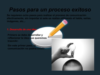 Pasos para un proceso exitoso
Se requieren ocho pasos para realizar el proceso de comunicación
efectivamente, sin importar si este se realiza utilizando el habla, señas,
imágenes, etc...
1. Desarrollo de una idea
Primero se debe desarrollar y
reflexionar la idea que queremos
trasmitir.
Sin este primer paso, la
comunicación no podría existir.
 