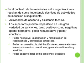  En el contexto de las relaciones entre organizaciones 
resultan de suma importancia dos tipos de actividades 
de inducción o seguimiento: 
1. Actividades de asesoría y asistencia técnica. 
2. Los superiores pueden respaldarse en una gran 
variedad de sanciones, tanto positivas como negativas 
(poder normativo, poder remunerativo y poder 
coactivo). 
 Poder normativo: la asignación y manipulación de 
recompensas y privaciones simbólicas. 
 Poder remunerativo: la distribución de recursos materiales 
tales como salarios, comisiones, ganancias adicionales y 
servicios. 
 Poder coactivo: tales como sanciones, despidos 
 