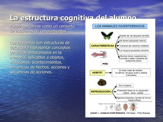 La estructura cognitiva del alumno Puede concebirse como un conjunto de esquemas de conocimientos. Los esquemas son estructuras de datos para representar conceptos genéricos almacenados en la memoria, aplicables a objetos, situaciones, acontecimientos, secuencias de hechos, acciones y secuencias de acciones. 
