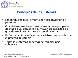 Realiza tu Ser…
Centro para el Desarrollo Integral de
las Personas y las Organizaciones
psimyriamzg@hotmail.com terapiainteralmzg.blospot.com
Tels. 56-34-7304 5528962470
Principios de los Sistemas
• Las conductas que se mantienen se convierten en
patrones
• Cuando los cambios o transformación son por parte
de más de un elemento hay mayor probabilidad de
que el cambio se permee a todo el sistema
• Es fundamental verificar que variables pueden abortar
el proceso de cambio
• Todos los sistemas debemos de cambiar para
sobrevivir
 