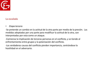 Proceso del conflicto
La escalada

• Etapa tercera
-Se pretende un cambio en la actitud de la otra parte por medio de la presión. Las
medidas adoptadas por una parte para modificar la actitud de la otra, son
interpretadas por esta como un ataque.
-Comienza la implicación de terceras personas en el conflicto, y se tiende al
enfrentamiento entre grupos y la polarización del conflicto.
-Las verdaderas causas del conflicto pierden importancia, centrándose la
hostilidad en el adversario.
 