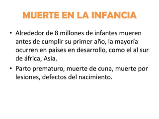 MUERTE EN LA INFANCIA
• Alrededor de 8 millones de infantes mueren
antes de cumplir su primer año, la mayoría
ocurren en países en desarrollo, como el al sur
de áfrica, Asia.
• Parto prematuro, muerte de cuna, muerte por
lesiones, defectos del nacimiento.

 