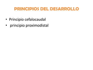 PRINCIPIOS DEL DESARROLLO
• Principio cefalocaudal
• principio proximodistal

 