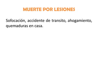 MUERTE POR LESIONES
Sofocación, accidente de transito, ahogamiento,
quemaduras en casa.

 