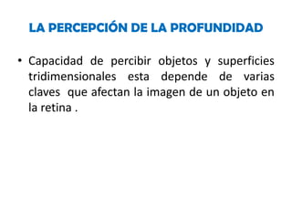 LA PERCEPCIÓN DE LA PROFUNDIDAD
• Capacidad de percibir objetos y superficies
tridimensionales esta depende de varias
claves que afectan la imagen de un objeto en
la retina .

 