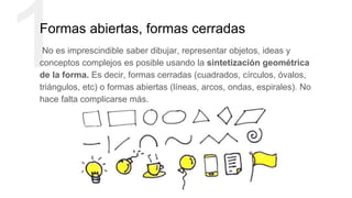 1Formas abiertas, formas cerradas
No es imprescindible saber dibujar, representar objetos, ideas y
conceptos complejos es posible usando la sintetización geométrica
de la forma. Es decir, formas cerradas (cuadrados, círculos, óvalos,
triángulos, etc) o formas abiertas (líneas, arcos, ondas, espirales). No
hace falta complicarse más.
 