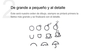 2De grande a pequeño y al detalle
Este será nuestro orden de dibujo, siempre se pintará primero la
forma más grande y se finalizará con el detalle.
 