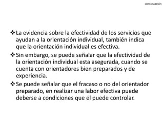 continuación

La evidencia sobre la efectividad de los servicios que
ayudan a la orientación individual, también indica
que la orientación individual es efectiva.
Sin embargo, se puede señalar que la efectividad de
la orientación individual esta asegurada, cuando se
cuenta con orientadores bien preparados y de
experiencia.
Se puede señalar que el fracaso o no del orientador
preparado, en realizar una labor efectiva puede
deberse a condiciones que el puede controlar.

 