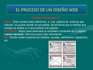 EL PROCESO DE UN DISEÑO WEB
                        EJEMPLO DE MAQUETA
Migas: Este nombre hace referencia  a  una  cadena de  enlaces que 
indicará  al usuario donde se encuentra, de tal forma que a medida que 
navega se añade un nuevo enlace a la cadena. 
Contenido: Mayor área destinada al verdadero contenido de la página.
Lateral derecho: Otra zona para más información.
Pie: Donde suelen ponerse los créditos, ayudas, validadores, legislación, 
etc.
 