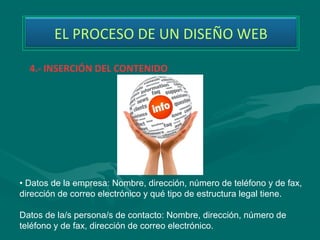 EL PROCESO DE UN DISEÑO WEB

  4.- INSERCIÓN DEL CONTENIDO




• Datos de la empresa: Nombre, dirección, número de teléfono y de fax,
dirección de correo electrónico y qué tipo de estructura legal tiene.

Datos de la/s persona/s de contacto: Nombre, dirección, número de
teléfono y de fax, dirección de correo electrónico.
 