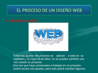 EL PROCESO DE UN DISEÑO WEB

5.- REVISION Y AJUSTES




    Todos los ajustes del proyecto se aplican a este en su
    totalidad y, la mayoría de ellos, no se pueden cambiar una
    vez creado un proyecto.
    Una vez que haya comenzado a trabajar en un proyecto,
    podrá revisar sus ajustes, pero solo podrá cambiar algunos.
 