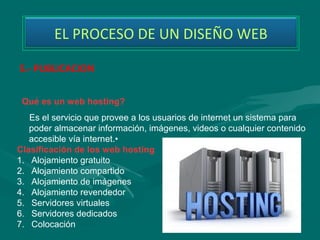 EL PROCESO DE UN DISEÑO WEB

5.- PUBLICACION


 Qué es un web hosting?
   Es el servicio que provee a los usuarios de internet un sistema para
   poder almacenar información, imágenes, videos o cualquier contenido
   accesible vía internet.•
Clasificación de los web hosting
1. Alojamiento gratuito
2. Alojamiento compartido
3. Alojamiento de imágenes
4. Alojamiento revendedor
5. Servidores virtuales
6. Servidores dedicados
7. Colocación
 