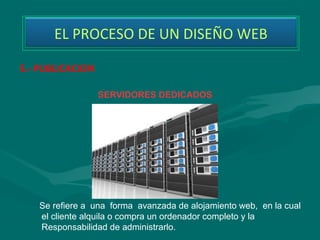 EL PROCESO DE UN DISEÑO WEB

5.- PUBLICACION

                  SERVIDORES DEDICADOS




   Se refiere a una forma avanzada de alojamiento web, en la cual
   el cliente alquila o compra un ordenador completo y la
   Responsabilidad de administrarlo.
 