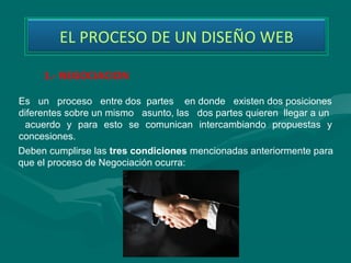 EL PROCESO DE UN DISEÑO WEB

     1.- NEGOCIACION

Es un proceso entre dos partes en donde existen dos posiciones
diferentes sobre un mismo asunto, las dos partes quieren llegar a un
 acuerdo y para esto se comunican intercambiando propuestas y
concesiones.
Deben cumplirse las tres condiciones mencionadas anteriormente para
que el proceso de Negociación ocurra:
 