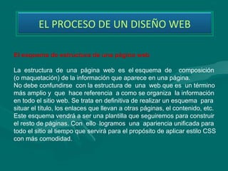 EL PROCESO DE UN DISEÑO WEB

El esquema de estructura de una página web

La  estructura  de  una  página  web  es  el esquema  de    composición 
(o maquetación) de la información que aparece en una página. 
No debe confundirse  con la estructura de  una  web que es  un término
más amplio y  que  hace referencia  a como se organiza  la información
en todo el sitio web. Se trata en definitiva de realizar un esquema  para
situar el título, los enlaces que llevan a otras páginas, el contenido, etc.
Este esquema vendrá a ser una plantilla que seguiremos para construir
el resto de páginas. Con  ello  logramos  una  apariencia unificada para 
todo el sitio al tiempo que servirá para el propósito de aplicar estilo CSS
con más comodidad.      
 