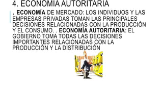 4. ECONOMÍA AUTORITARIA
. ECONOMÍA DE MERCADO: LOS INDIVIDUOS Y LAS
EMPRESAS PRIVADAS TOMAN LAS PRINCIPALES
DECISIONES RELACIONADAS CON LA PRODUCCIÓN
Y EL CONSUMO. . ECONOMÍA AUTORITARIA: EL
GOBIERNO TOMA TODAS LAS DECISIONES
IMPORTANTES RELACIONADAS CON LA
PRODUCCIÓN Y LA DISTRIBUCIÓN
 