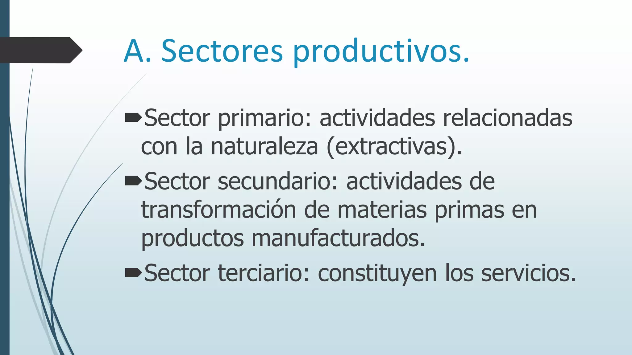 A. Sectores productivos.
Sector primario: actividades relacionadas
con la naturaleza (extractivas).
Sector secundario: actividades de
transformación de materias primas en
productos manufacturados.
Sector terciario: constituyen los servicios.