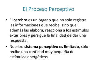 El Proceso Perceptivo
• El cerebro es un órgano que no solo registra
las informaciones que recibe, sino que
además las elabora, reacciona a los estímulos
exteriores y persigue la finalidad de dar una
respuesta.
• Nuestro sistema perceptivo es limitado, sólo
recibe una cantidad muy pequeña de
estímulos energéticos.
 