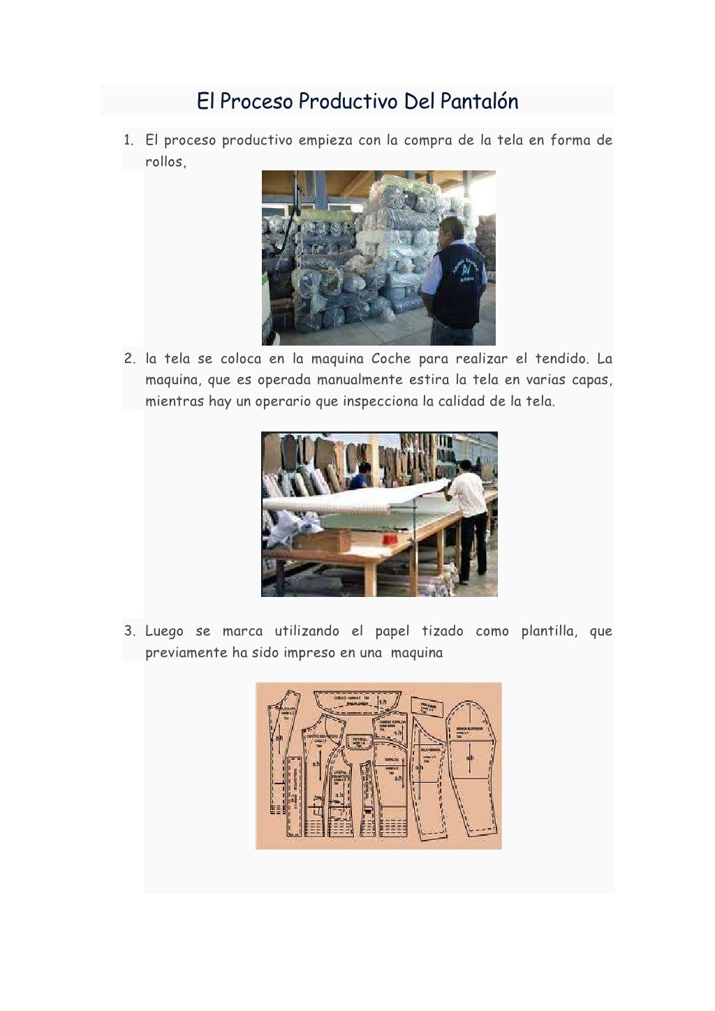 El Proceso Productivo Del Pantalón1. El proceso productivo empieza con la compra de la tela en forma de rollos,2. la tel...