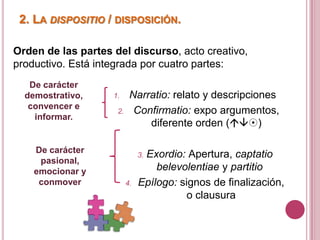 2. La dispositio/ disposición.Orden de las partes del discurso, acto creativo, productivo. Está integrada por cuatro partes:Narratio: relato y descripcionesConfirmatio: expo argumentos, diferente orden () Exordio: Apertura, captatiobelevolentiaey partitioEpílogo: signos de finalización, o clausuraDe carácter demostrativo, convencer e informar.De carácter pasional, emocionar y conmover