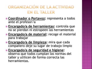  Coordinador o Portavoz: representa a todos
ante el profesor/a
 Encargado/a de herramientas: controla que
no se pierdan ni estropeen las herramientas
 Encargado/a de material: recoge el material
para trabajar
 Encargado/a de limpieza: mira que cada
compañero deje su lugar de trabajo limpio
 Encargado/a de seguridad e higiene:
observa que todos cumplan las normas del
taller y utilicen de forma correcta las
herramientas.
 