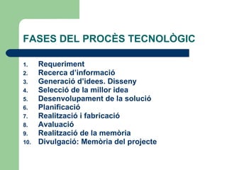 FASES DEL PROCÈS TECNOLÒGIC Requeriment Recerca d’informació Generació d’idees. Disseny Selecció de la millor idea Desenvolupament de la solució Planificació Realització i fabricació Avaluació Realització de la memòria Divulgació: Memòria del projecte 