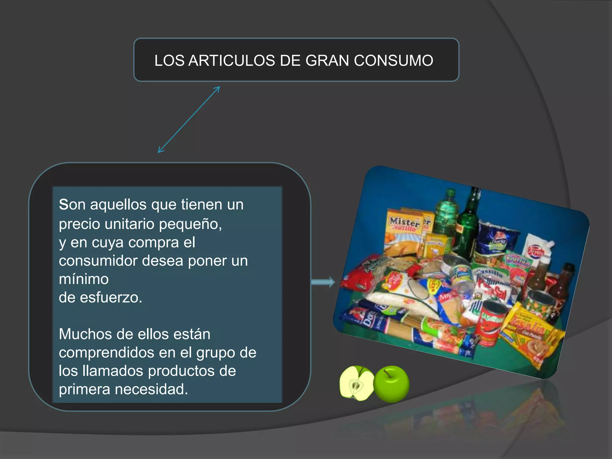 LOS ARTICULOS DE GRAN CONSUMO son aquellos que tienen un precio unitario pequeño,y en cuya compra el consumidor desea poner un mínimode esfuerzo.Muchos de ellos están comprendidos en el grupo delos llamados productos de primera necesidad.