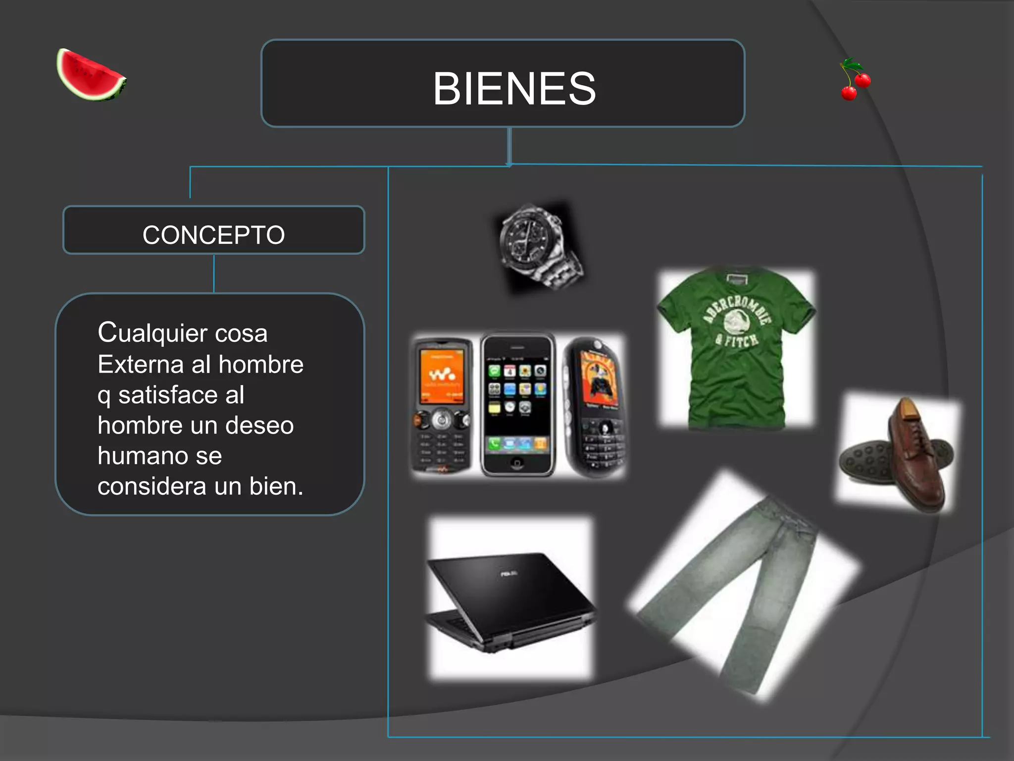 BIENESCONCEPTOCualquier cosaExterna al hombre q satisface al hombre un deseo humano se considera un bien.