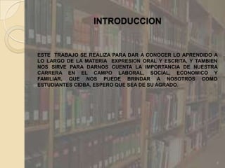 INTRODUCCIONESTE  TRABAJO SE REALIZA PARA DAR A CONOCER LO APRENDIDO A LO LARGO DE LA MATERIA  EXPRESION ORAL Y ESCRITA, Y TAMBIEN NOS SIRVE PARA DARNOS CUENTA LA IMPORTANCIA DE NUESTRA CARRERA EN EL CAMPO LABORAL, SOCIAL, ECONOMICO Y FAMILIAR, QUE NOS PUEDE BRINDAR A NOSOTROS COMO ESTUDIANTES CIDBA, ESPERO QUE SEA DE SU AGRADO.4