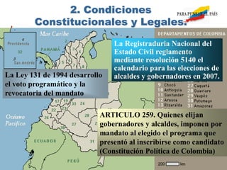 ARTICULO 259. Quienes elijan
gobernadores y alcaldes, imponen por
mandato al elegido el programa que
presentó al inscribirse como candidato
(Constitución Política de Colombia)
La Ley 131 de 1994 desarrollo
el voto programático y la
revocatoria del mandato
La Registraduria Nacional del
Estado Civil reglamento
mediante resolución 5140 el
calendario para las elecciones de
alcaldes y gobernadores en 2007.
2. Condiciones
Constitucionales y Legales.
 