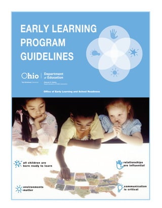EARLY LEARNING
PROGRAM
GUIDELINES
                           Department
                           of Education
Ted Strickland, Governor   Deborah S. Delisle,
                           Superintendent of Public Instruction




                           Office of Early Learning and School Readiness




  all children are                                                         relationships
  born ready to learn                                                      are influential




  environments                                                             communication
  matter                                                                   is critical
 