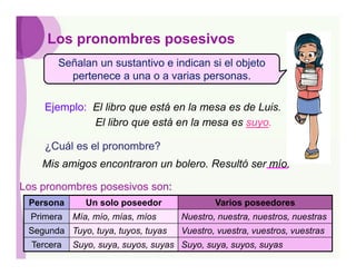 Los pronombres posesivos
        Señalan un sustantivo e indican si el objeto
          pertenece a una o a varias personas.

     Ejemplo: El libro que está en la mesa es de Luis.
              El libro que está en la mesa es suyo.

     ¿Cuál es el pronombre?
    Mis amigos encontraron un bolero. Resultó ser mío.

Los pronombres posesivos son:
 Persona       Un solo poseedor              Varios poseedores
  Primera   Mía, mío, mías, míos     Nuestro, nuestra, nuestros, nuestras
 Segunda Tuyo, tuya, tuyos, tuyas    Vuestro, vuestra, vuestros, vuestras
  Tercera   Suyo, suya, suyos, suyas Suyo, suya, suyos, suyas
 