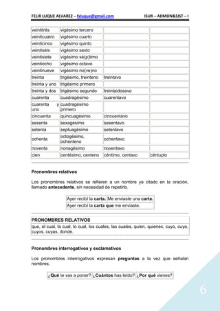 FELIX LUQUE ALVAREZ – fxluque@gmail.com                     ISUR – ADMON&SIST – I


veintitrés       vigésimo tercero
veinticuatro     vigésimo cuarto
veinticinco      vigésimo quinto
veintiséis       vigésimo sexto
veintisiete      vigésimo sé(p)timo
veintiocho       vigésimo octavo
veintinueve      vigésimo no(ve)no
treinta          trigésimo, treinteno   treintavo
treinta y uno    trigésimo primero
treinta y dos    trigésimo segundo      treintaidosavo
cuarenta         cuadragésimo           cuarentavo
cuarenta        y cuadragésimo
uno               primero
cincuenta        quincuagésimo          cincuentavo
sesenta          sexagésimo             sesentavo
setenta          septuagésimo           setentavo
                 octogésimo,
ochenta                                 ochentavo
                 ochenteno
noventa          nonagésimo             noventavo
cien             centésimo, centeno     céntimo, centavo      céntuplo


Pronombres relativos

Los pronombres relativos se refieren a un nombre ya citado en la oración,
llamado antecedente, sin necesidad de repetirlo.

                    Ayer recibí la carta. Me enviaste una carta.
                    Ayer recibí la carta que me enviaste.


PRONOMBRES RELATIVOS
que, el cual, la cual, lo cual, los cuales, las cuales, quien, quienes, cuyo, cuya,
cuyos, cuyas, donde.


Pronombres interrogativos y exclamativos

Los pronombres interrogativos expresan preguntas a la vez que señalan
nombres.

          ¿Qué te vas a poner? ¿Cuántos has leído? ¿Por qué vienes?


                                                                                      6
 