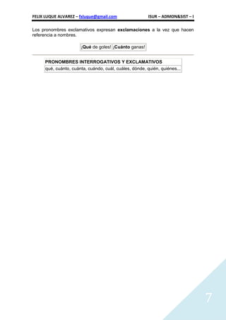 FELIX LUQUE ALVAREZ – fxluque@gmail.com                ISUR – ADMON&SIST – I

Los pronombres exclamativos expresan exclamaciones a la vez que hacen
referencia a nombres.

                      ¡Qué de goles! ¡Cuánto ganas!


     PRONOMBRES INTERROGATIVOS Y EXCLAMATIVOS
     qué, cuánto, cuánta, cuándo, cuál, cuáles, dónde, quién, quiénes...




                                                                               7
 