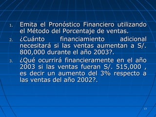 1313
1.1. Emita el Pronóstico Financiero utilizandoEmita el Pronóstico Financiero utilizando
el Método del Porcentaje de ventas.el Método del Porcentaje de ventas.
2.2. ¿Cuánto financiamiento adicional¿Cuánto financiamiento adicional
necesitará si las ventas aumentan a S/.necesitará si las ventas aumentan a S/.
800,000 durante el año 2003?.800,000 durante el año 2003?.
3.3. ¿Qué ocurrirá financieramente en el año¿Qué ocurrirá financieramente en el año
2003 si las ventas fueran S/. 515,000 ,2003 si las ventas fueran S/. 515,000 ,
es decir un aumento del 3% respecto aes decir un aumento del 3% respecto a
las ventas del año 2002?.las ventas del año 2002?.
 