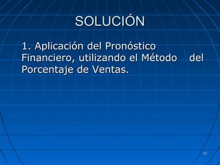 1515
SOLUCIÓNSOLUCIÓN
1. Aplicación del Pronóstico1. Aplicación del Pronóstico
Financiero, utilizando el MétodoFinanciero, utilizando el Método deldel
Porcentaje de Ventas.Porcentaje de Ventas.
 
