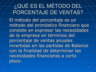 55
¿QUÉ ES EL MÉTODO DEL¿QUÉ ES EL MÉTODO DEL
PORCENTAJE DE VENTAS?PORCENTAJE DE VENTAS?
El método del porcentaje es unEl método del porcentaje es un
método del pronóstico financiero quemétodo del pronóstico financiero que
consiste en expresar las necesidadesconsiste en expresar las necesidades
de la empresa en términos delde la empresa en términos del
porcentaje de ventas anualesporcentaje de ventas anuales
invertidas en las partidas de Balanceinvertidas en las partidas de Balance
con la finalidad de determinar lascon la finalidad de determinar las
necesidades financieras a cortonecesidades financieras a corto
plazo.plazo.
 