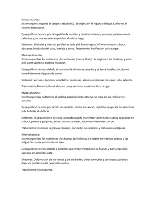 Raktavahasrotas
Sistema que transporta la sangre (raktadathu). Se origina en el hígado y el bazo. Conforma el
sistema circulatorio.
Desequilibrio: Se vicia por la ingestión de comidas y bebidas irritantes, picantes, excesivamente
calientes y por una excesiva exposición al sol y al fuego.
Síntomas: Eripiselas y diversos problemas de la piel, hemorragias, inflamaciones en la boca,
abscesos, hinchazón del bazo, ictericia y sarna. Tratamiento: Purificación de la sangre.
Mamsavahasrotas
Sistema que lleva los nutrientes a los músculos (mansa dhatu). Se origina en los tendones y en la
piel. Corresponde al sistema muscular.
Desequilibrio: Se vicia debido al consumo de alimentos pesados y de lenta licuefacción, dormir
inmediatamente después de comer.
Síntomas: Verrugas, tumores, amigdalitis, gangrenas, algunos problemas de la piel, gota, adenitis.
Tratamiento:Alimentación alcalina; en casos extremos cauterización o cirugía.
Madavahasrotas
Sistema que lleva nutrientes al sistema adiposo (medas dhatu). Se inicia en los riñones y el
omento.
Desequilibrio: Se vicia por la falta de ejercicio, dormir en exceso, ingestión exagerada de alimentos
y de bebidas alcohólicas.
Síntomas: El agravamiento de estos conductos puede manifestarse con sabor sabor y sequedad en
la boca, paladar y garganta, exceso de orina y heces, adormecimiento del cuerpo.
Tratamiento: Disminuir la grasa del cuerpo, por medio de ejeccicios y dietas para adelgazar.
Asthivahasrotas
Sistema que lleva los nutrientes a los huesos (ashtidhatu). Se origina en el tejido adiposo y las
nalgas. Se conose como sistema óseo.
Desequilibrio: Se vicia debido a ejercicios que irritan y friccionan los huesos y por la ingestión
excesiva de alimentos vata.
Síntomas: Deformación de los huesos y de los dientes, dolor de muelas y de huesos, palidez y
diversos problemas del pelo y de las uñas.
Tratamiento:Panchakarma.
 