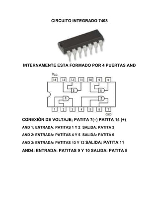 CIRCUITO INTEGRADO 7408
INTERNAMENTE ESTA FORMADO POR 4 PUERTAS AND
CONEXIÓN DE VOLTAJE; PATITA 7(–) PATITA 14 (+)
AND 1; ENTRADA: PATITAS 1 Y 2 SALIDA: PATITA 3
AND 2: ENTRADA: PATITAS 4 Y 5 SALIDA: PATITA 6
AND 3: ENTRADA: PATITAS 13 Y 12 SALIDA: PATITA 11
AND4: ENTRADA: PATITAS 9 Y 10 SALIDA: PATITA 8
 
