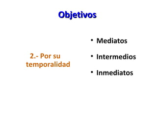 Objetivos <ul><li>2.- Por su temporalidad </li></ul><ul><li>Mediatos </li></ul><ul><li>Intermedios </li></ul><ul><li>Inmed...