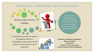 Justificación y delimitación de la investigación
Buscar su razón de ser o
finalidad
Al redactarla se tomara en cuenta los
antecedentes históricos y
metodológicos para posteriormente
exponer las razones por las cual es
importante.
En la justificación el
investigador deberá
sustentar con argumentos
convincentes, el por que se
realizara la investigación,
que lo motivo a realizarla y
que se pretende alcanzar
se planteara la utilidad de la investigación:
- Quien se beneficiara.
-de que modo
-se lograra un nuevo conocimiento.
-servirá de base para nuevas investigaciones.
 