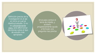 Definición precisa de la
investigación es el eje
en torno al cual se
diseña el estudio. Si no
es suficientemente
clara, será difícil tomar
decisiones sobre el tipo
de estudio más
apropiado.
Sirve para centrar el
tema de interés, y
acotarlo
progresivamente ayuda
a formular una
pregunta mas precisa
 