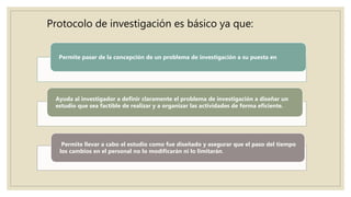 Protocolo de investigación es básico ya que:
Permite pasar de la concepción de un problema de investigación a su puesta en
Ayuda al investigador a definir claramente el problema de investigación a diseñar un
estudio que sea factible de realizar y a organizar las actividades de forma eficiente.
Permite llevar a cabo el estudio como fue diseñado y asegurar que el paso del tiempo
los cambios en el personal no lo modificarán ni lo limitarán.
 